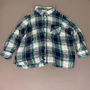 Faded Glory Flannel Shirt Women's Plus Size 3X Blue Green Plaid Button Up Rayon*